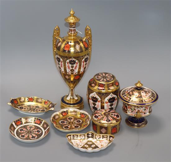 A Royal Crown Derby two handled vase, a jar and cover and six other items tallest 31cm
